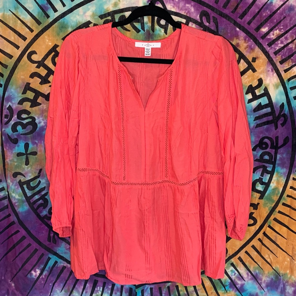 Fever Long Sleeve V-Neck Blouse with Cinched Sleeves Size M Coral